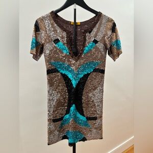 740. Farahkhan Sequin Patterned Dress - Brown and Teal